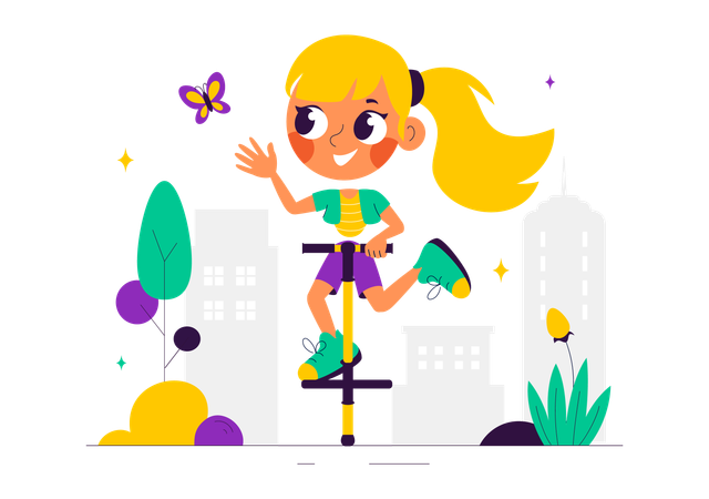 Girl Enjoy Pogo Stick  Illustration