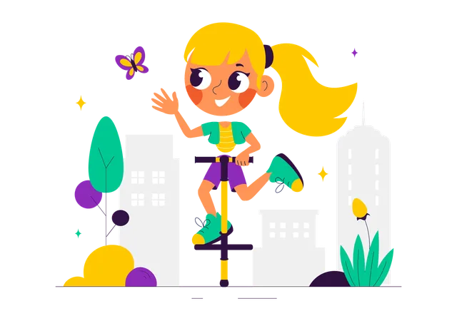 Girl Enjoy Pogo Stick  Illustration