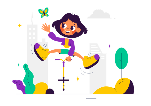 Girl Enjoy Pogo Stick  Illustration