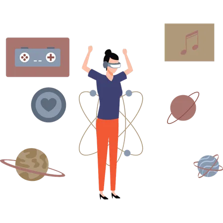 Girl enjoying astronomy research wearing VR  Illustration