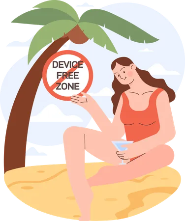 Girl enjoying at beach while in divice free zone  Illustration