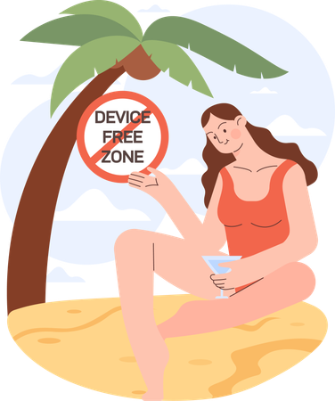 Girl enjoying at beach while in divice free zone  Illustration