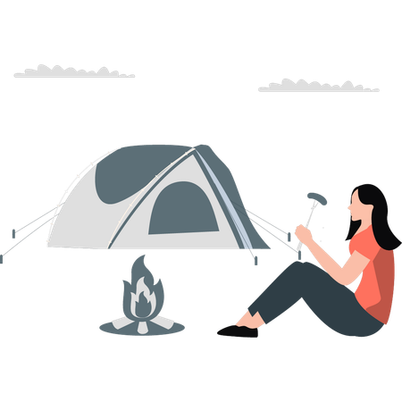 Girl enjoying barbecue while camping  Illustration