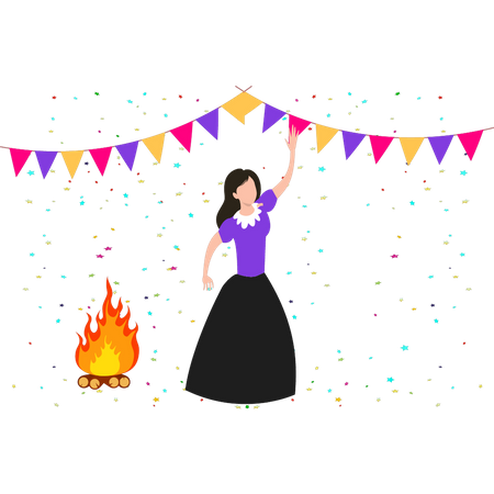 Girl enjoying bonfire party Illustration