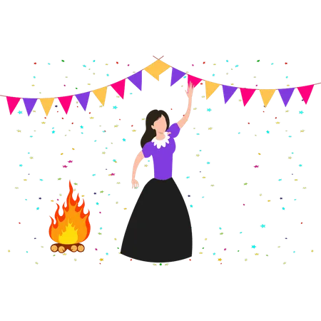 Girl enjoying bonfire party Illustration