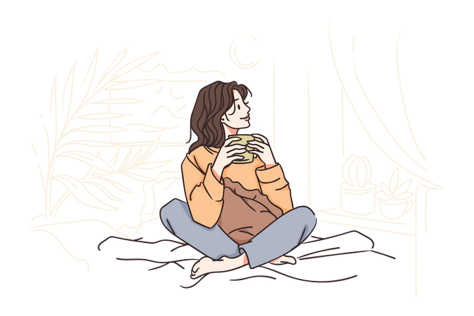 Girl enjoying coffee while sitting at cozy space  Illustration