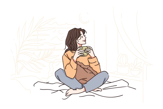 Girl enjoying coffee while sitting at cozy space  Illustration