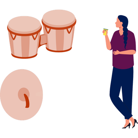 Girl enjoying drink and seeing bongo drums  Illustration