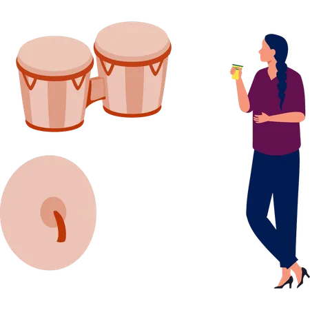 Girl enjoying drink and seeing bongo drums  Illustration