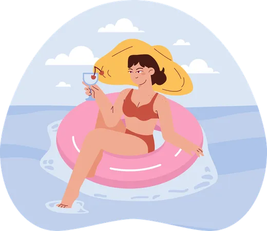 Girl enjoying drink while sitting in floating ring  Illustration