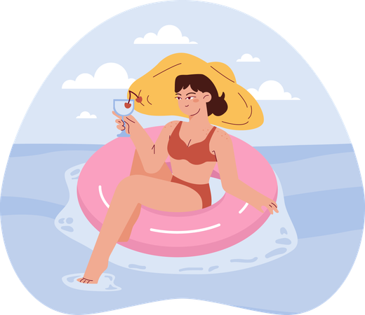 Girl enjoying drink while sitting in floating ring  Illustration