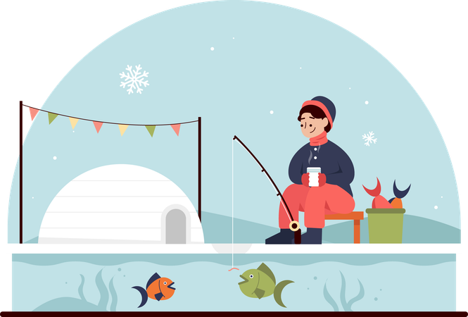 Girl enjoying Fishing Festival in Winter  Illustration