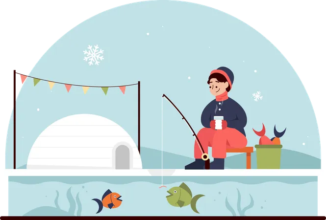 On The Frozen Lakes Edge A Man Sits Earnestly On A Folding Chair Donning A Thick Jacket And A Warm Hat Below The Ices Surface He Patiently Awaits The Gentle Taps From The Fish Inhabiting The Lake This Illustration Can Be Used For Various Purposes Such As Posters Landing Pages And Other Promotions Illustration