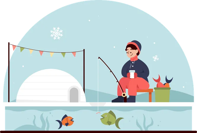 Girl enjoying Fishing Festival in Winter  Illustration