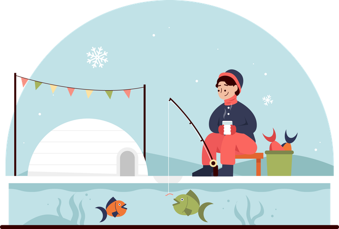Girl enjoying Fishing Festival in Winter  イラスト