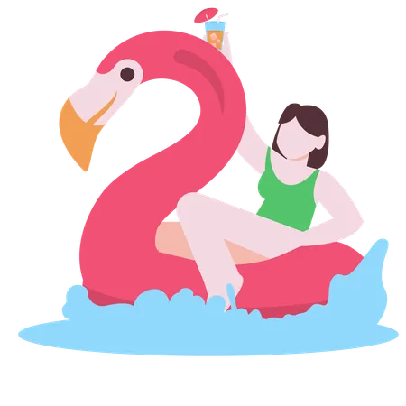 Girl enjoying flamingo ride  Illustration