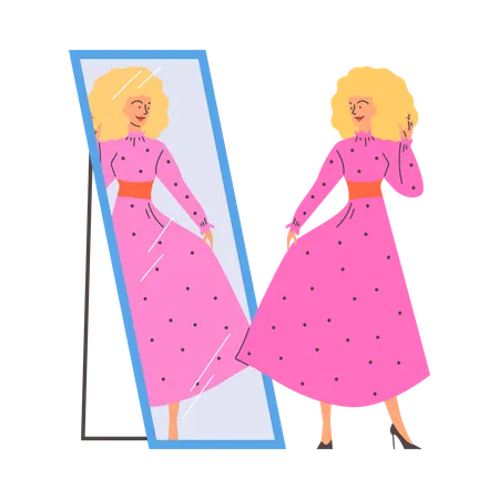 Girl enjoying her reflection in mirror  Illustration