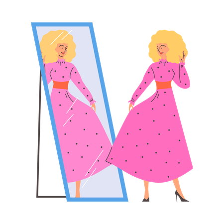 Girl enjoying her reflection in mirror  Illustration