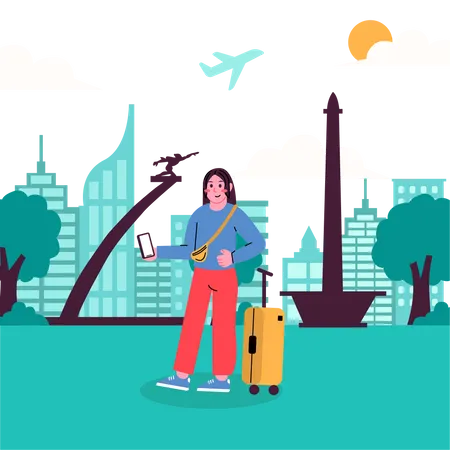 A Tourist Woman Holiday In Jakarta City Illustration