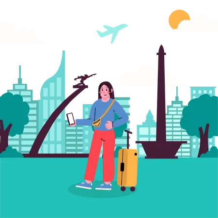 Girl enjoying Holiday in Jakarta City  Illustration