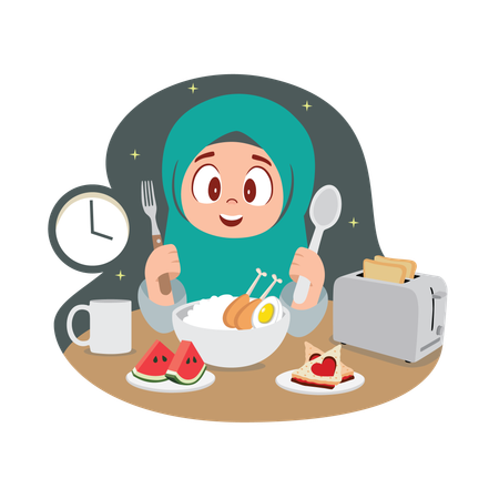 Girl enjoying ramadan feast  Illustration
