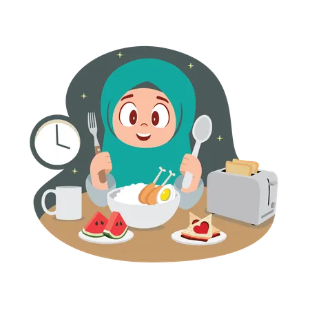Girl enjoying ramadan feast  Illustration