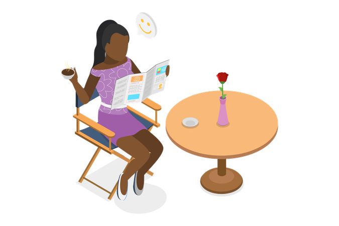 Girl Enjoying Reading Newspaper  Illustration