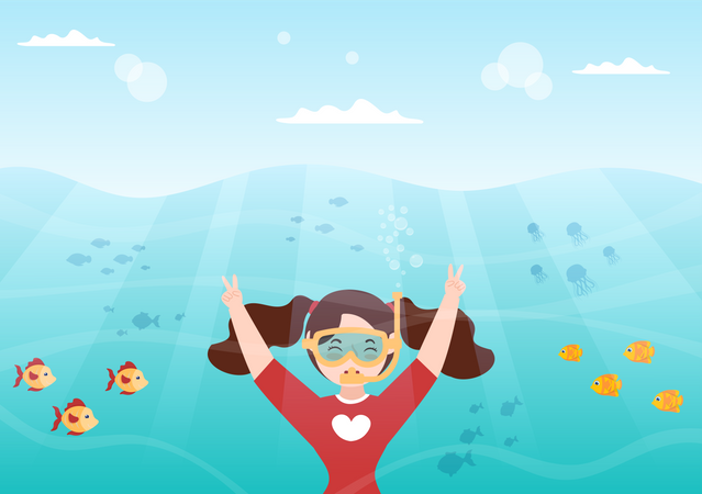 Girl enjoying scuba diving  Illustration