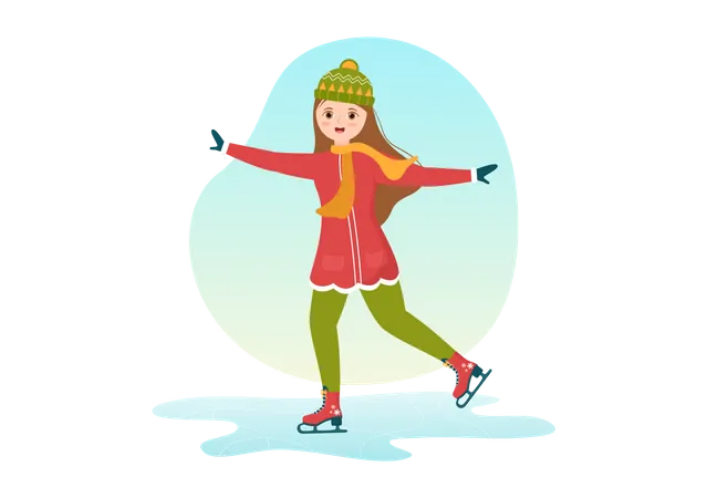 Girl enjoying Skating on Ice  イラスト