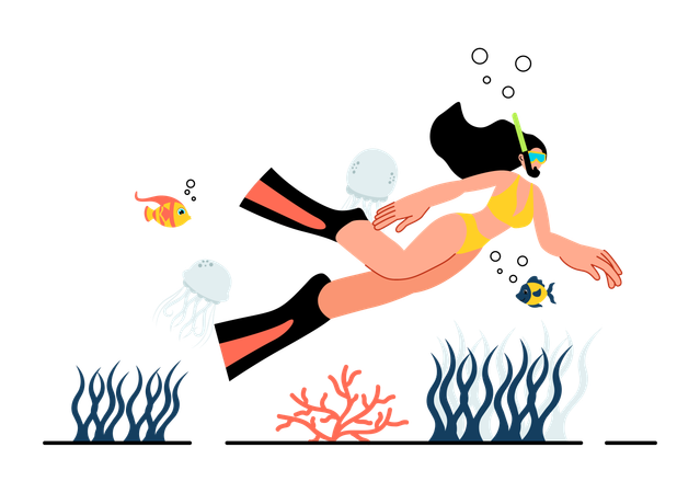 Girl enjoying snorkeling adventure  Illustration