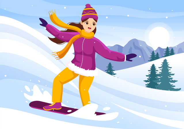 Girl Enjoying Snowboarding  Illustration