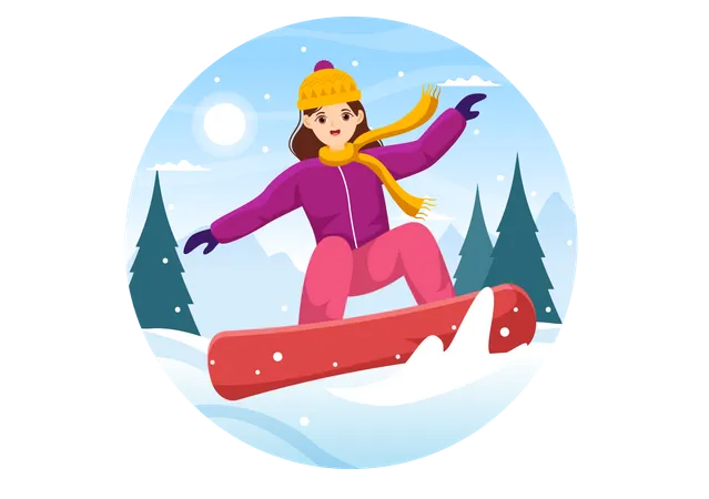 Girl Enjoying Snowboarding  Illustration