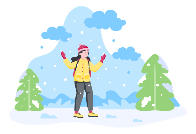 Girl enjoying snowfall  Illustration