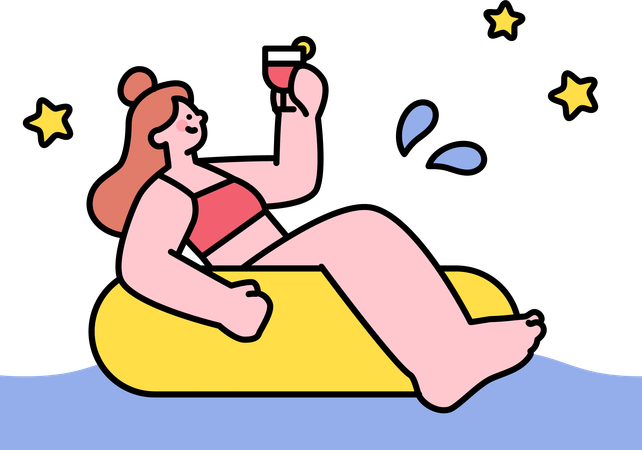 Girl enjoying summer drink in swimming pool  Illustration