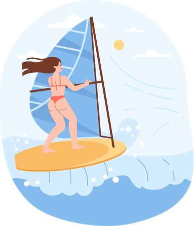 Girl enjoying surfing at beach  Illustration