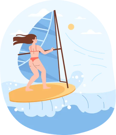 Girl enjoying surfing at beach  Illustration