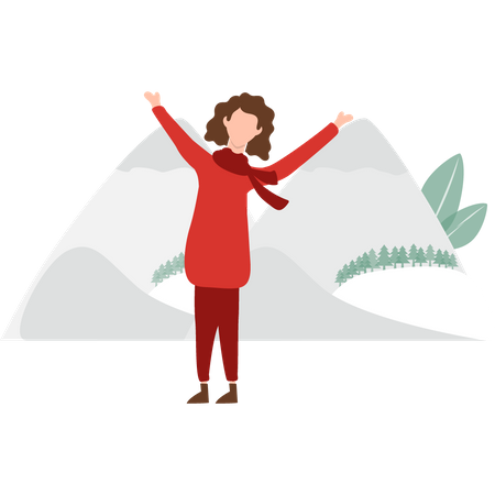 Girl enjoying the snow at a hill station Illustration
