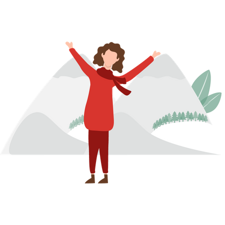 Girl enjoying the snow at a hill station  Illustration