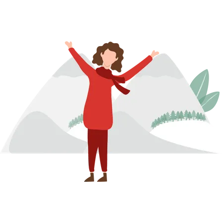 Girl enjoying the snow at a hill station  Illustration