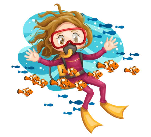 Girl enjoying underwater dive Illustration