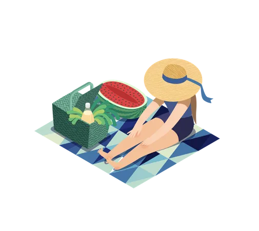 Picnic Image Flat Cartoon Vector Illustration Of Girl Sitting In The Grass With A Ribbon Sun Hat Picnic Wicker Basket Lemonade Blue Abstract Blanket Greenery Salad Watermelon Summer Postcard Illustration