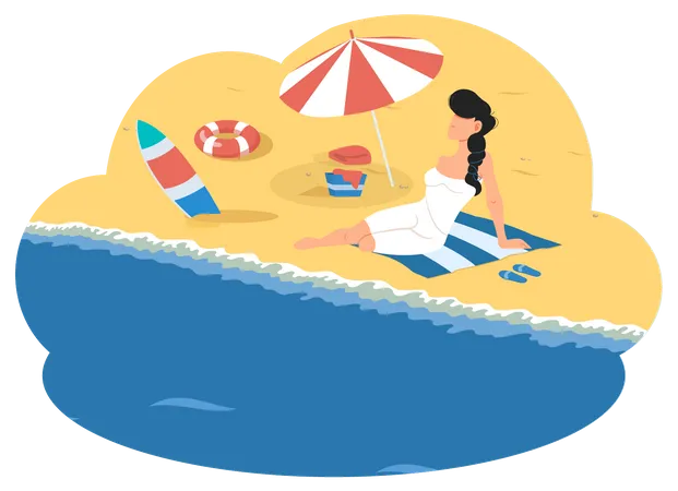Exciting Vacation In Major Port City Busan Tourist Travel Promotion Poster With Girl Sunbathes On Beach Journey To Asian Country In South Korea Summer Tourism Banner Sea Capital Of Republic Of Korea Illustration