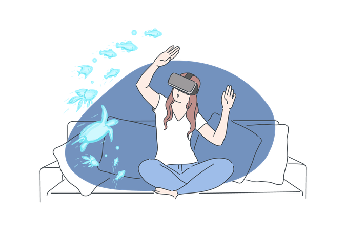 Girl enjoying virtual ocean  Illustration