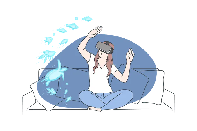 Girl enjoying virtual ocean  Illustration