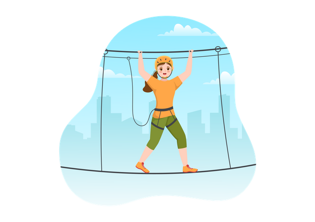 Girl enjoying walking on zip line  Illustration