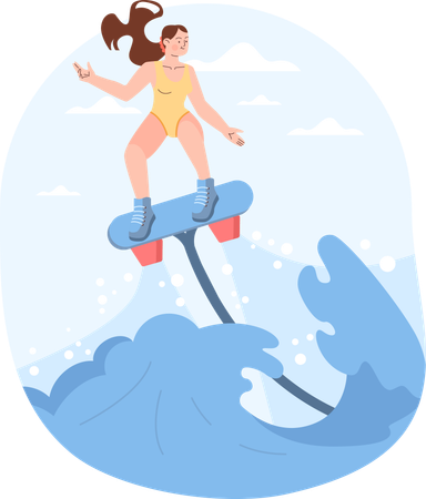 Girl enjoying water jet at beach  Illustration