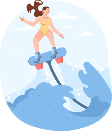 Girl enjoying water jet at beach  Illustration