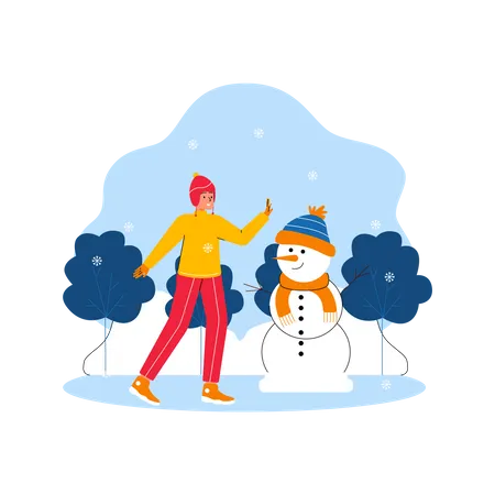 Girl enjoying winter and playing with snowman Illustration