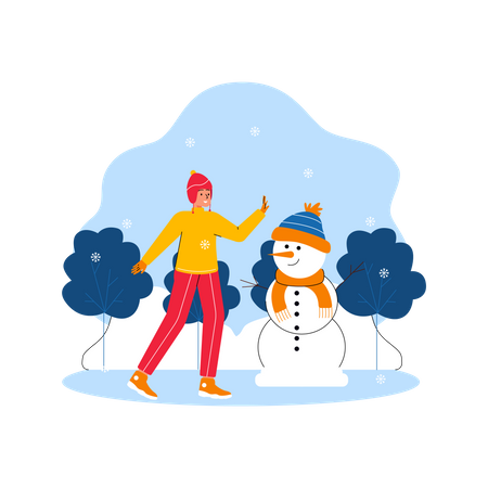 Girl enjoying winter and playing with snowman  Illustration