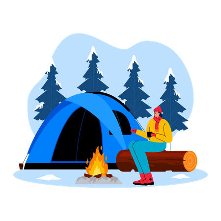 Girl enjoying winter camping Illustration